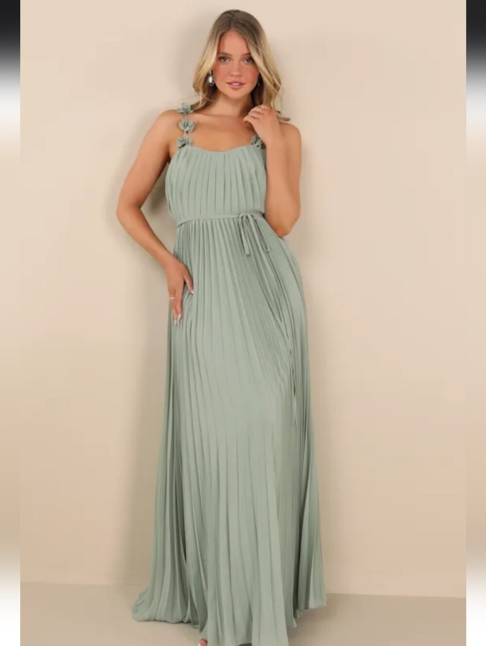 Lulus Hera Sage Pleated Floral Applique Maxi Dress Green - Size M - Picture 2 of 16